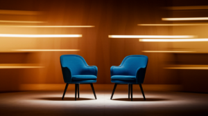 Twee blauwe stoelen staan tegenover elkaar in een warm verlichte ruimte met abstracte gele en oranje lichtstrepen op de achtergrond, waardoor een dramatische en moderne designsfeer ontstaat.