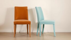 Twee eetkamerstoelen, één in oranje en één in lichtblauw, staan naast elkaar op een vloer.