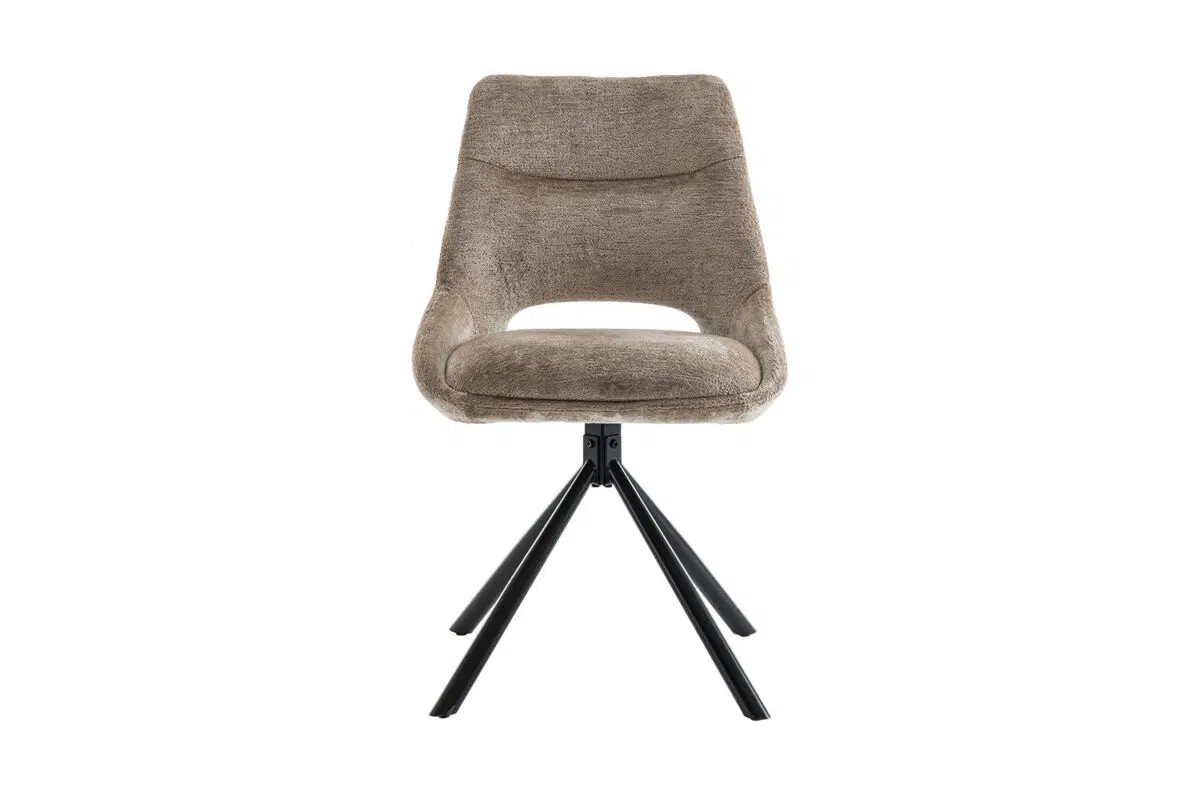 Een moderne draaistoel met een stoffen bekleding en een zwart metalen onderstel.