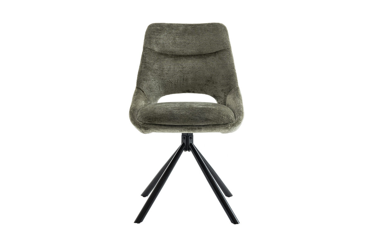 Moderne draaistoel met een stoffen bekleding in een neutrale kleur en een zwart metalen onderstel.