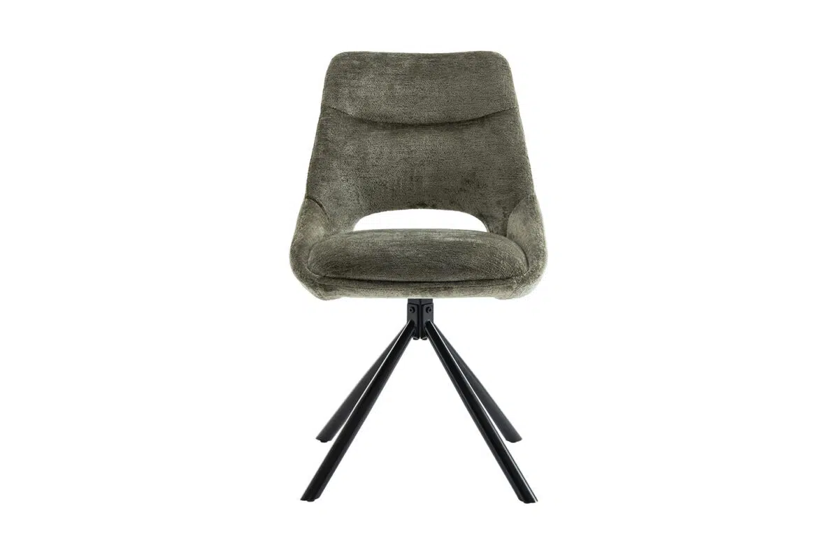 Moderne draaistoel met een stoffen bekleding in een neutrale kleur en een zwart metalen onderstel.