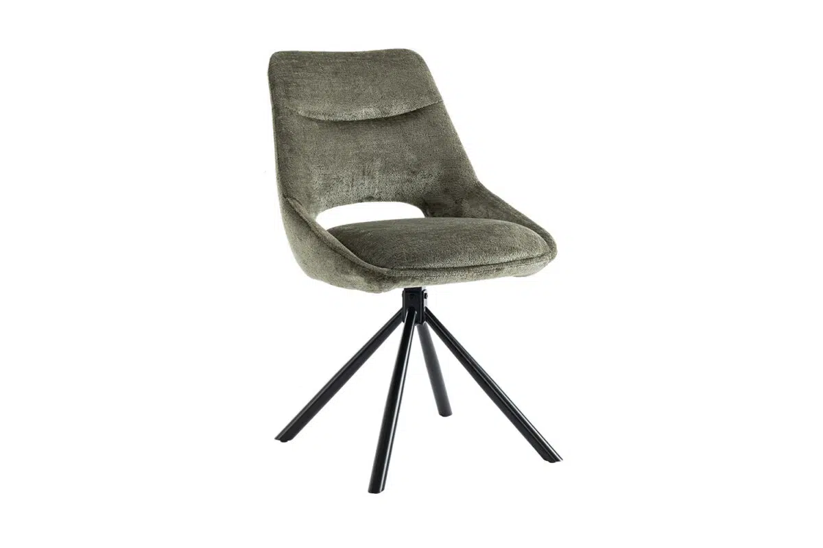 Groene stoel met een stoffen bekleding en een zwart metalen draaivoet.