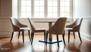 Set van vier beige eetkamerstoelen rond een ronde tafel in een lichte ruimte.