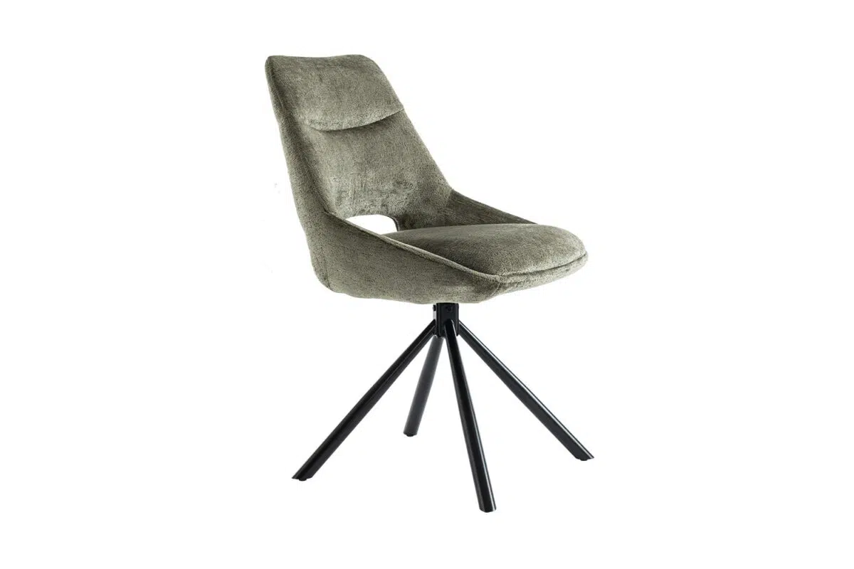 Groene eetkamerstoel met een comfortabel ontwerp en een zwart metalen onderstel.