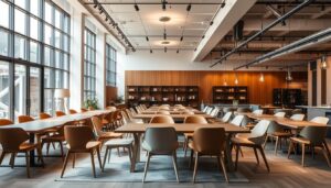 Een eetruimte met meerdere houten tafels en eetkamerstoelen in een moderne stijl.