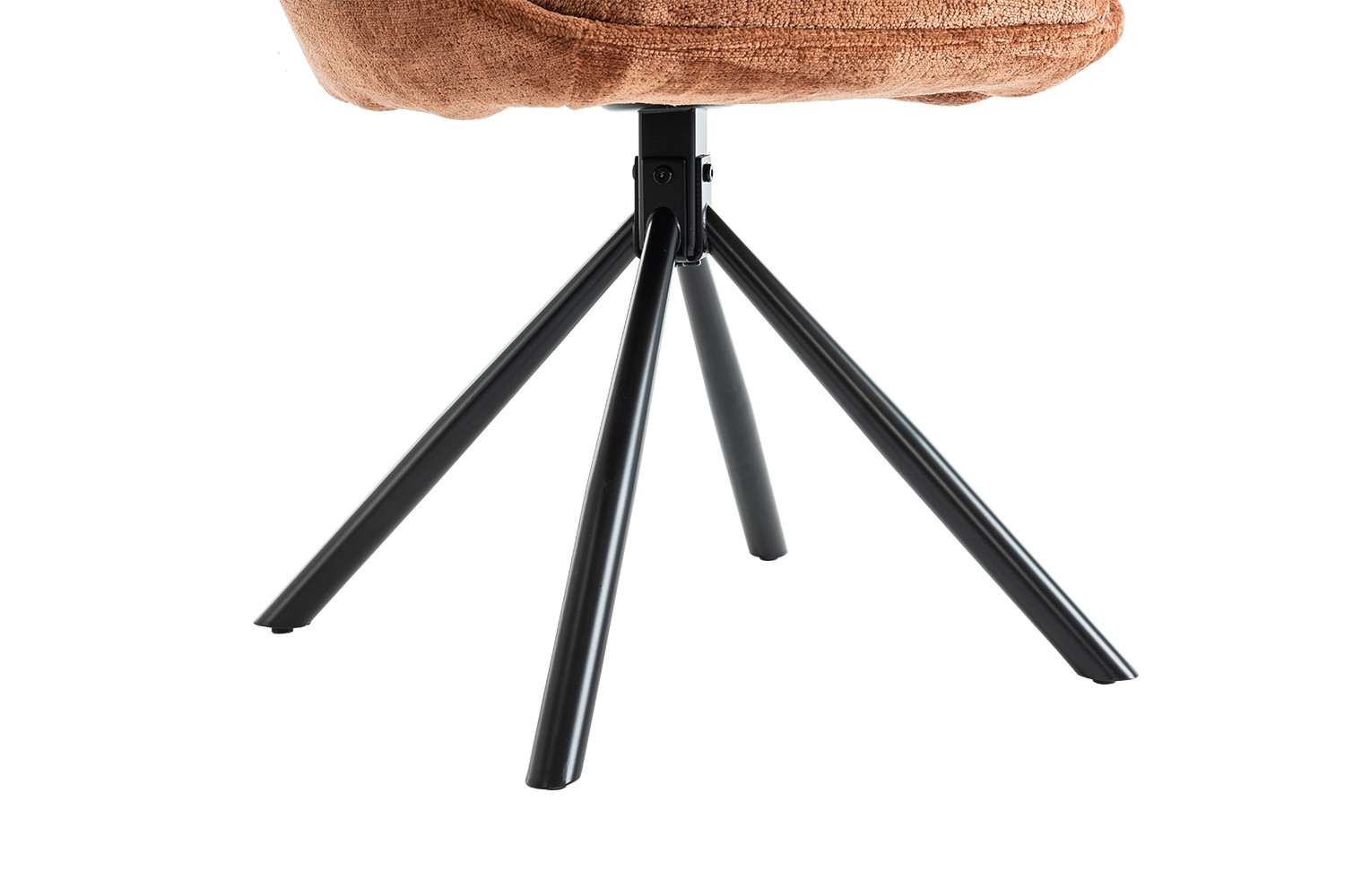 Zwarte metalen stoel met een bruin stoffen zitting en een driepoot onderstel.