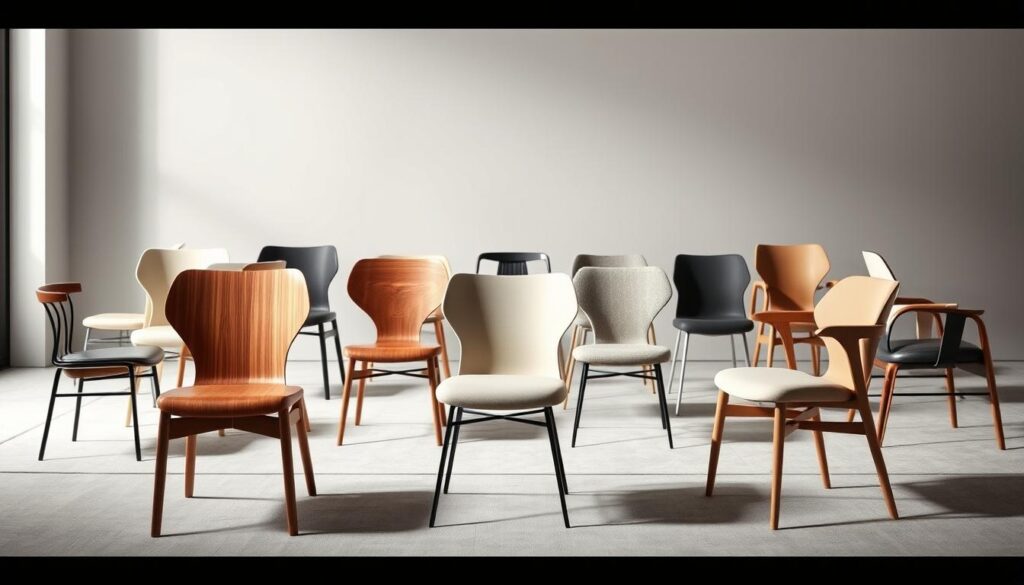 A beautifully lit, high-resolution photograph of the latest trends in dining room chairs, showcasing a diverse array of modern, minimalist, and elegant designs. The foreground features several meticulously crafted chairs in a variety of materials, including wood, metal, and upholstered fabrics, arranged in a visually appealing composition. The middle ground highlights the chairs' sleek silhouettes, clean lines, and subtle detailing, while the background provides a neutral, slightly blurred setting, allowing the chairs to be the primary focus. The lighting is soft and directional, creating depth and highlighting the textures and materials of the chairs. The overall atmosphere is one of sophistication, modernity, and design-forward elegance, perfectly capturing the essence of the latest trends in dining room seating.