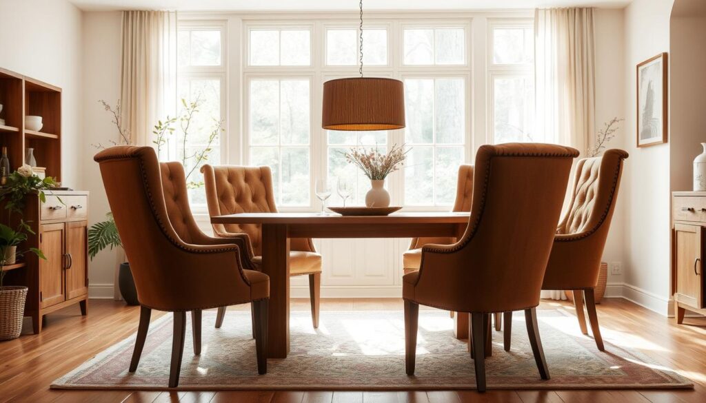 A cozy and inviting dining room setting, with a set of comfortable, high-back eetkamerstoelen (dining chairs) arranged around a warm, wooden table. The chairs feature plush, tufted upholstery in a rich, earthy tone, complementing the natural wood tones of the table and surrounding decor. Soft, diffused lighting filters through large windows, creating a serene and relaxing atmosphere. The scene captures the practical and stylish elements of choosing the perfect eetkamerstoelen for ultimate comfort and functionality in the dining area.