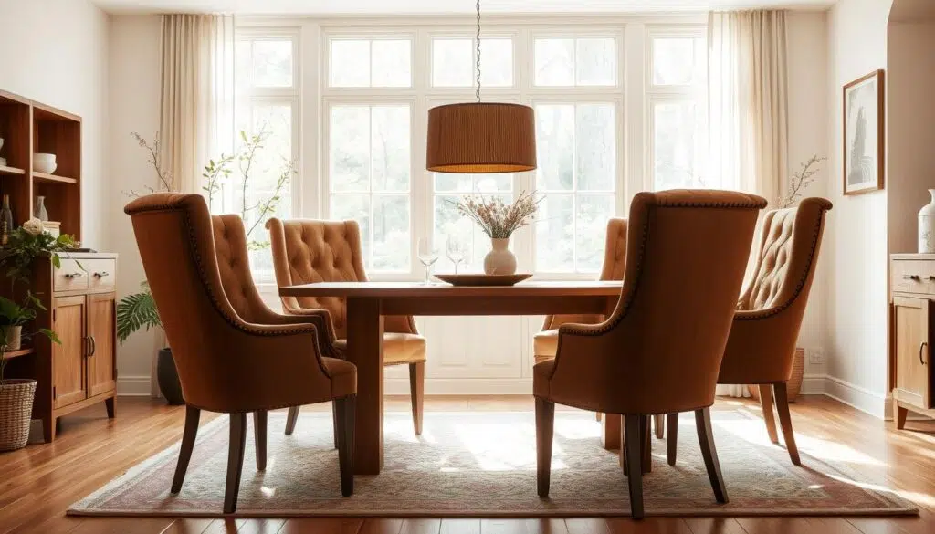 A cozy and inviting dining room setting, with a set of comfortable, high-back eetkamerstoelen (dining chairs) arranged around a warm, wooden table. The chairs feature plush, tufted upholstery in a rich, earthy tone, complementing the natural wood tones of the table and surrounding decor. Soft, diffused lighting filters through large windows, creating a serene and relaxing atmosphere. The scene captures the practical and stylish elements of choosing the perfect eetkamerstoelen for ultimate comfort and functionality in the dining area.