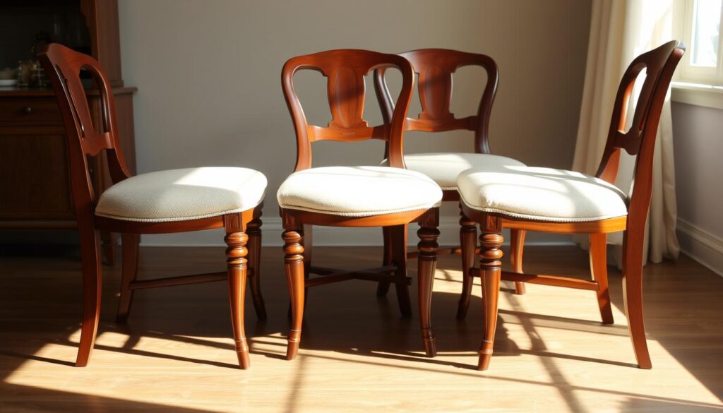 A cozy and inviting second-hand dining room set of four elegant chairs. The chairs feature a classic, timeless design with a warm wooden frame and comfortable, upholstered seats. Soft, natural lighting casts a gentle glow, highlighting the vintage charm and character of the well-crafted furniture. The chairs are meticulously arranged, creating a harmonious and visually appealing composition. The scene evokes a sense of history, quality, and the potential for these pre-loved pieces to find new life in a modern home.