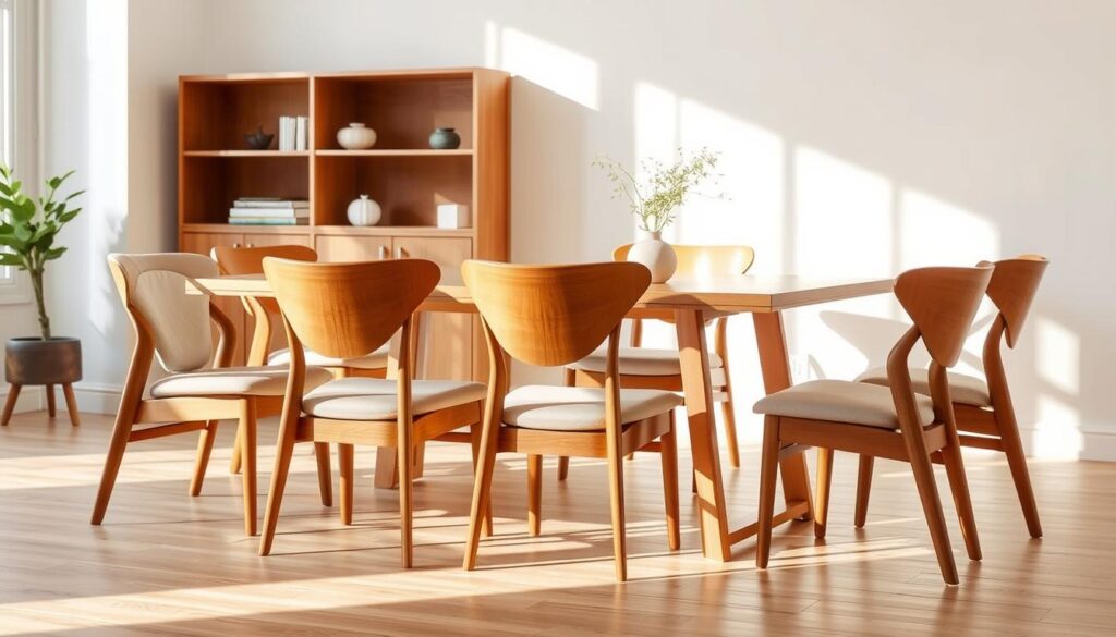 A cozy dining room setting featuring a set of six high-quality, contemporary wooden chairs arranged around a sleek, minimalist dining table. The chairs have a clean, modern design with gently curved backs and comfortable upholstered seats in a neutral color, providing a stylish and inviting atmosphere. The room is bathed in warm, natural lighting, casting a soft, ambient glow and highlighting the natural wood tones and textures of the furniture. The background is a simple, uncluttered space with white walls, allowing the chairs to be the focal point and showcasing their affordable, yet sophisticated aesthetic. The overall scene conveys a sense of comfort, quality, and value, perfectly complementing the section title "Waarom kiezen voor een Goedkope Eetkamerstoelen 6 Stuks?".