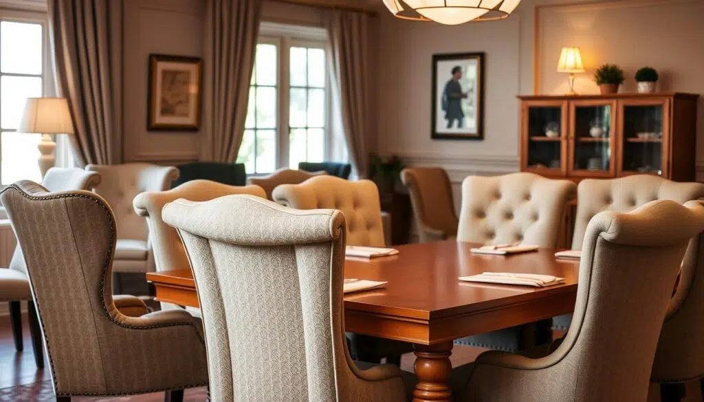 A cozy dining room setting featuring a variety of comfortable upholstered dining chairs with plush seat cushions and backrests. The chairs are arranged around a warm wooden table, creating an inviting and relaxing atmosphere. The lighting is soft and ambient, casting a gentle glow on the scene. The chairs come in a range of styles, from classic wingback designs to modern, minimalist shapes, all with a focus on extra padding and cushioning for maximum comfort. The overall scene conveys a sense of luxury and sophistication, perfect for an intimate dinner party or family gathering.