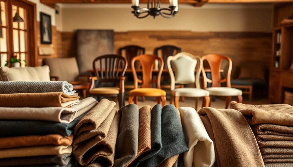 A cozy dining room setting, showcasing an array of durable, comfortable materials for the perfect dining chairs. In the foreground, a collection of high-quality fabrics, leathers, and wood grains are artfully displayed, inviting touch and examination. In the middle ground, a group of well-crafted chair frames in various styles and finishes stand ready to be upholstered, their forms hinting at the support and ergonomics to come. The background features a warm, softly lit space, with natural textures and earthy tones creating a welcoming ambiance. The overall composition exudes a sense of quality, craftsmanship, and the promise of lasting comfort - essential elements for the most comfortable dining chairs in a large family home.