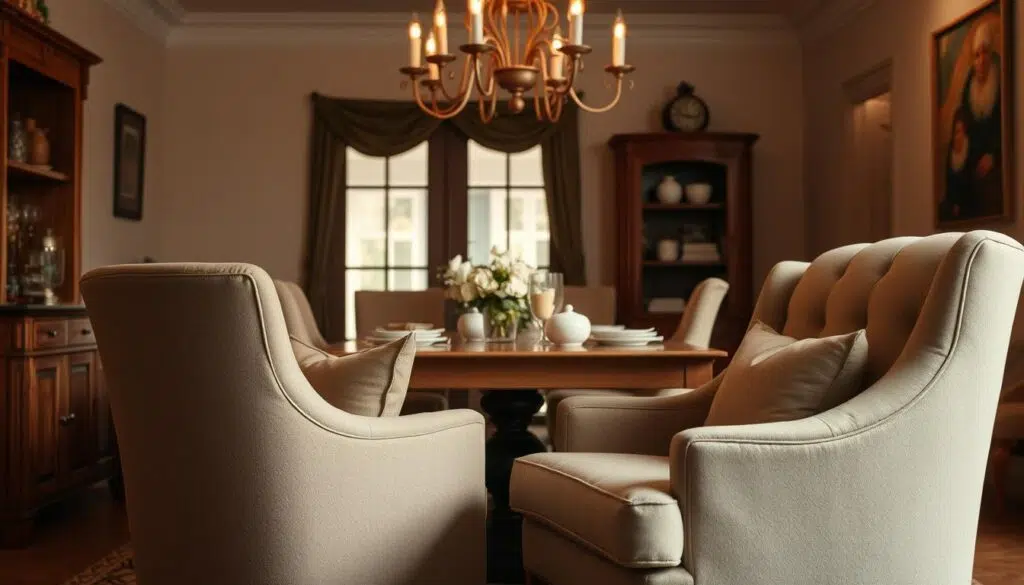 A cozy dining room setting with a pair of plush armchairs, featuring thick, overstuffed cushions that invite ultimate comfort. The chairs are upholstered in a soft, neutral fabric, complementing the warm, natural tones of the wooden table and surrounding decor. Gentle lighting from a hanging chandelier casts a gentle glow, creating an inviting and relaxing ambiance. The chairs are positioned at an angle, suggesting a casual, conversational layout. The overall scene conveys a sense of comfort, luxury, and a refined, yet welcoming atmosphere, perfectly suited for an intimate dining experience.