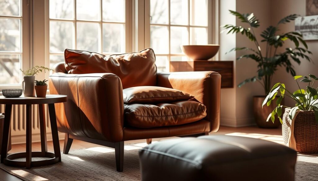 A cozy, inviting eetkamerstoel from the Eijerkamp Collectie, showcased in a warm, softly lit living room setting. The chair is crafted from rich, supple leather in a deep, earthy tone, its sleek lines and plush cushions exuding a sense of luxurious comfort. Sunlight filters in through large windows, casting a gentle glow across the space and accentuating the chair's elegant silhouette. Surrounding the chair are subtle, complementary decor elements, such as a wooden side table and a lush, leafy plant, creating a harmonious, lived-in atmosphere that evokes a sense of relaxation and contentment.