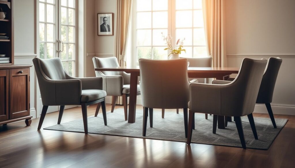 A cozy, well-lit dining room setting featuring a set of elegant, timeless armchairs. The chairs have a classic, mid-century modern design with clean lines, tapered legs, and plush, upholstered seats in a neutral tone. Soft, natural lighting filters through large windows, casting a warm, inviting glow on the scene. The chairs are positioned around a simple, wooden dining table, conveying a sense of understated sophistication and enduring style. The overall atmosphere is one of timeless charm and refined minimalism, capturing the essence of the "Tijdloze eetkamerstoelen" described in the article.