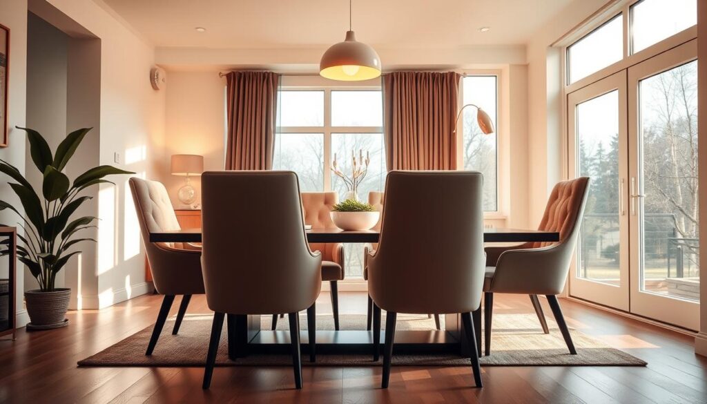 A cozy, well-lit dining room with a set of elegant, ergonomic dining chairs. The chairs feature plush, cushioned seats and backrests, providing maximum comfort and support. The chairs are positioned around a modern, minimalist dining table, creating a harmonious and inviting atmosphere. Warm, natural lighting from overhead fixtures and large windows casts a soft glow, highlighting the smooth, clean lines and quality craftsmanship of the furniture. The scene conveys a sense of relaxation and ease, perfectly suited for a comfortable and enjoyable dining experience.