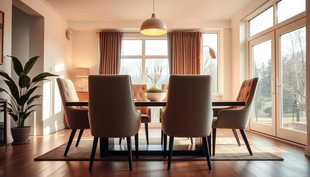 A cozy, well-lit dining room with a set of elegant, ergonomic dining chairs. The chairs feature plush, cushioned seats and backrests, providing maximum comfort and support. The chairs are positioned around a modern, minimalist dining table, creating a harmonious and inviting atmosphere. Warm, natural lighting from overhead fixtures and large windows casts a soft glow, highlighting the smooth, clean lines and quality craftsmanship of the furniture. The scene conveys a sense of relaxation and ease, perfectly suited for a comfortable and enjoyable dining experience.