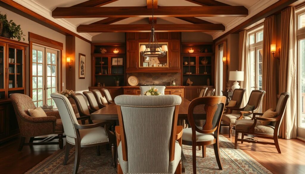 A large, cozy dining room with a wooden table and a set of stylish, comfortable chairs. The chairs feature a variety of designs and materials, including upholstered seats, curved backs, and wooden frames. The lighting is warm and inviting, with a mix of natural and artificial sources. The room has a neutral color palette, with accents of earth tones and natural textures, creating a welcoming and family-friendly atmosphere. The chairs are arranged in a way that promotes conversation and gathering, suitable for a large household. The overall composition conveys a sense of relaxation and togetherness.