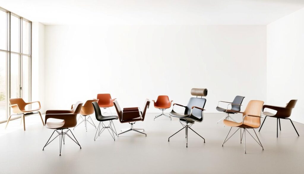 A modern, minimalist interior featuring a variety of custom-designed chairs in an elegant and cohesive arrangement. The chairs are positioned in the foreground, showcasing their sleek silhouettes and diverse materials such as wood, leather, and metal. The middle ground is a bright, airy space with large windows allowing natural light to flood the room, creating a warm and inviting atmosphere. The background is a muted, neutral palette that allows the chairs to take center stage, highlighting their versatility and the ability to tailor them to individual preferences. The overall composition conveys a sense of balance, sophistication, and the adaptability of custom-designed furniture.