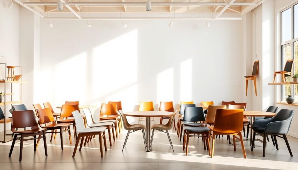 A pristine, well-lit showroom displaying a variety of affordable dining chairs. The scene features a minimalist background with clean lines, allowing the chairs to take center stage. The chairs are neatly arranged in a symmetrical pattern, showcasing their sleek designs and diverse styles - from classic wood and leather to modern, upholstered options. Soft, natural lighting from large windows casts a warm glow, highlighting the chairs' textures and inviting the viewer to imagine them in a cozy, inviting dining space. The overall atmosphere conveys a sense of quality, accessibility, and the perfect balance between form and function.