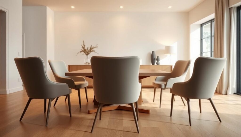 A sleek and modern dining room setting, with a minimalist aesthetic. In the foreground, a set of six elegant, curved chairs with thin, tapered legs and streamlined silhouettes in a neutral color palette, arranged around a simple, rectangular wooden table. The chairs feature clean lines and a comfortable, supportive design, creating an inviting and sophisticated ambiance. In the middle ground, the room is bathed in warm, diffused lighting, casting a cozy glow and highlighting the natural textures of the wood and upholstery. The background features clean, white walls and a subtle, understated decor, allowing the focus to remain on the striking, high-quality dining set. The overall scene conveys a sense of modern minimalism, comfort, and refined style.