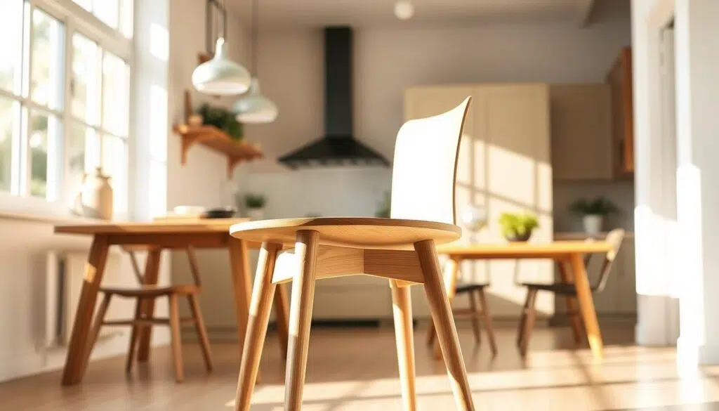 A sleek, modern wooden dining chair stands in a bright, airy kitchen. Sunlight streams through a large window, casting a warm glow on the chair's smooth, natural grain. The chair's clean, minimalist design features tapered legs and a gently contoured seat, seamlessly blending function and aesthetic. In the background, glimpses of other kitchen furnishings, such as a wooden table and pendant lights, create a cohesive, harmonious atmosphere. The overall scene conveys the versatility and timeless appeal of this contemporary wooden kitchen chair, perfectly suited for the article's exploration of the benefits of modern wooden furniture in the kitchen.