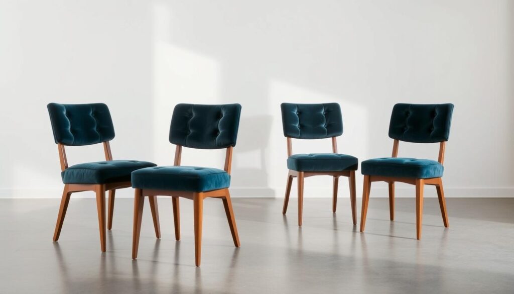 A sophisticated set of four elegant dining chairs, meticulously crafted with a timeless mid-century modern aesthetic. The chairs feature sleek, tapered legs in a warm, natural wood tone, complemented by plush, button-tufted upholstery in a rich, jewel-toned velvet. Soft, indirect lighting casts a gentle glow, accentuating the chairs' smooth lines and luxurious texture, creating a serene and inviting atmosphere that effortlessly elevates the dining experience. The chairs are artfully arranged in a spacious, minimalist setting, allowing their striking design to take center stage as a captivating focal point within the room.