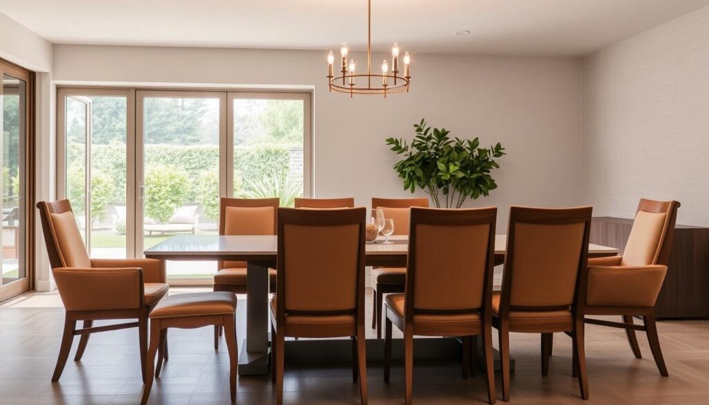 A spacious, well-lit dining room with large windows overlooking a serene garden. In the foreground, a group of comfortable, ergonomic dining chairs, meticulously crafted from high-quality wood and upholstered in a warm, neutral tone. The chairs are arranged around a sleek, modern dining table, creating an inviting and practical setting for family gatherings. In the middle ground, a minimalist yet elegant chandelier casts a soft, ambient glow, complementing the room's contemporary aesthetic. The background features a subtle, textured wall in a soothing color palette, adding depth and a sense of tranquility to the scene. The overall composition emphasizes the importance of considering both form and function when selecting the perfect dining chairs for a large family home.