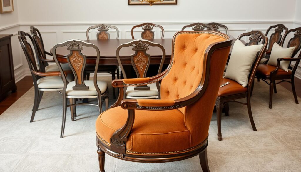 A well-lit, high-angle shot of an elegant dining room showcasing an assortment of timeless dining chairs. In the foreground, a beautifully crafted wooden armchair with a plush, upholstered seat and backrest in a rich, earthy tone. Surrounding it, a variety of other chairs in different materials, such as sleek, contemporary metal frames with cognac-colored leather upholstery, and traditional wooden chairs with intricate carvings and linen cushions in muted, complementary hues. The middle ground features a partially visible dining table, allowing the focus to remain on the diverse seating options. The background subtly depicts a minimalist, yet sophisticated interior design, with clean lines and neutral tones, emphasizing the timeless elegance of the dining chairs.