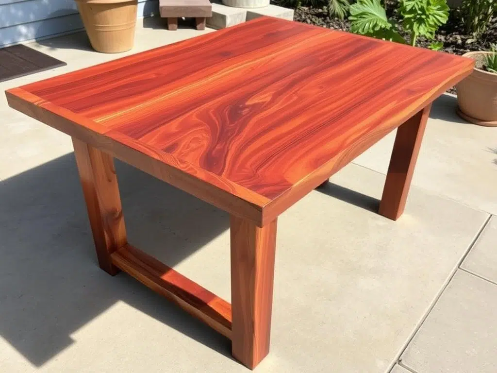 Acaciahouten buitentafel met de karakteristieke rode gloed Acaciahouten buitentafel met de karakteristieke rode gloed