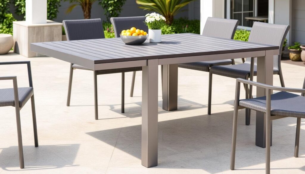Aluminium Arezzo die buiten blijft staan met polywood tafelblad Aluminium Arezzo die buiten blijft staan met polywood tafelblad