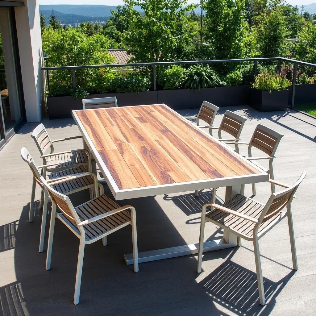 Aluminium eettafel met houtlook afwerking op terras Aluminium eettafel met houtlook afwerking op terras