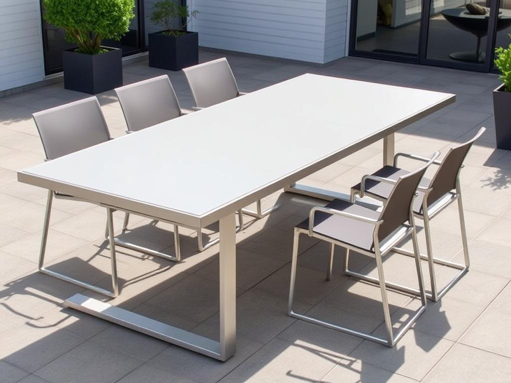 Aluminium eettafel voor buiten met modern design op een Nederlands terras Aluminium eettafel voor buiten met modern design op een Nederlands terras