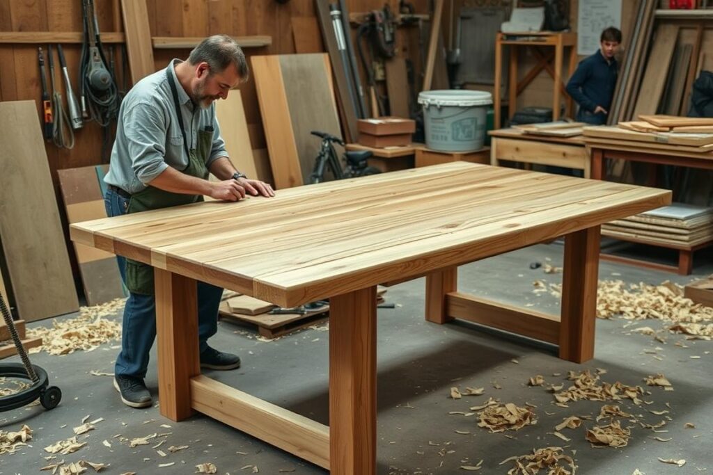 Ambachtelijke meubelmaker werkt aan een houten tuinmeubel, waarom zijn buitentafels zo duur? Ambachtelijke meubelmaker werkt aan een houten tuinmeubel, waarom zijn buitentafels zo duur?