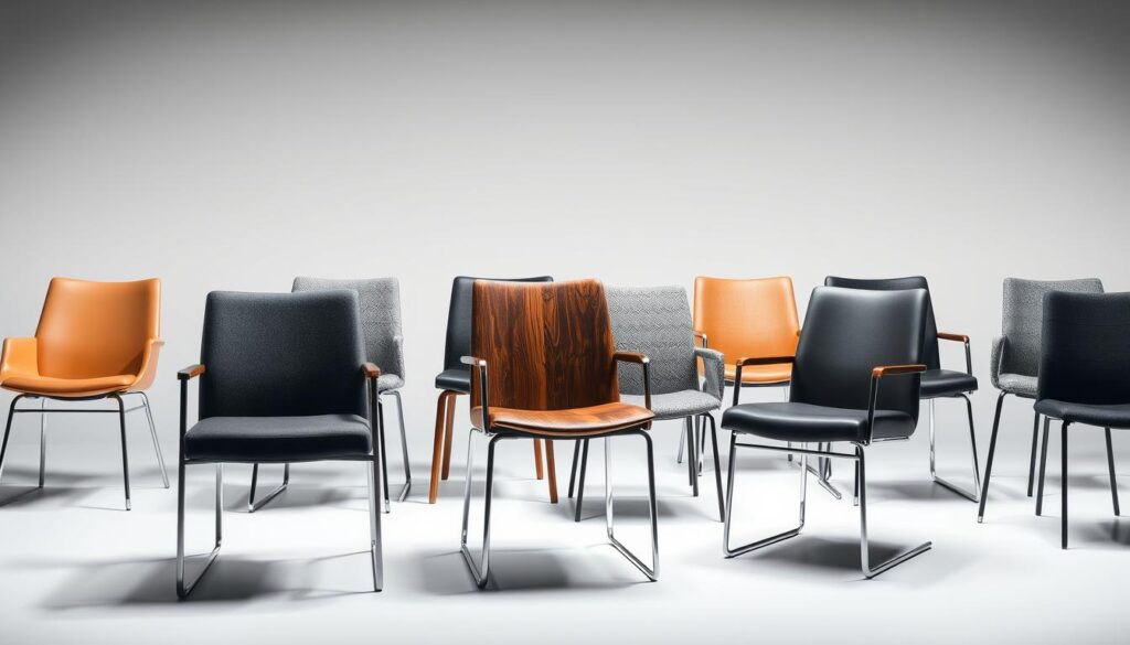 An assortment of modern eetkamerstoelen (dining chairs) in a well-lit studio setting. The chairs feature a variety of materials and finishes, including smooth leather, textured fabric, polished wood, and sleek metal frames. The lighting accentuates the nuanced details and textures of each chair, allowing the viewer to appreciate the craftsmanship and design elements. The chairs are arranged in a visually appealing composition, capturing the versatility and visual appeal of these furnishings. The overall mood is one of sophistication and attention to detail, showcasing the range of options available for eetkamerstoelen.