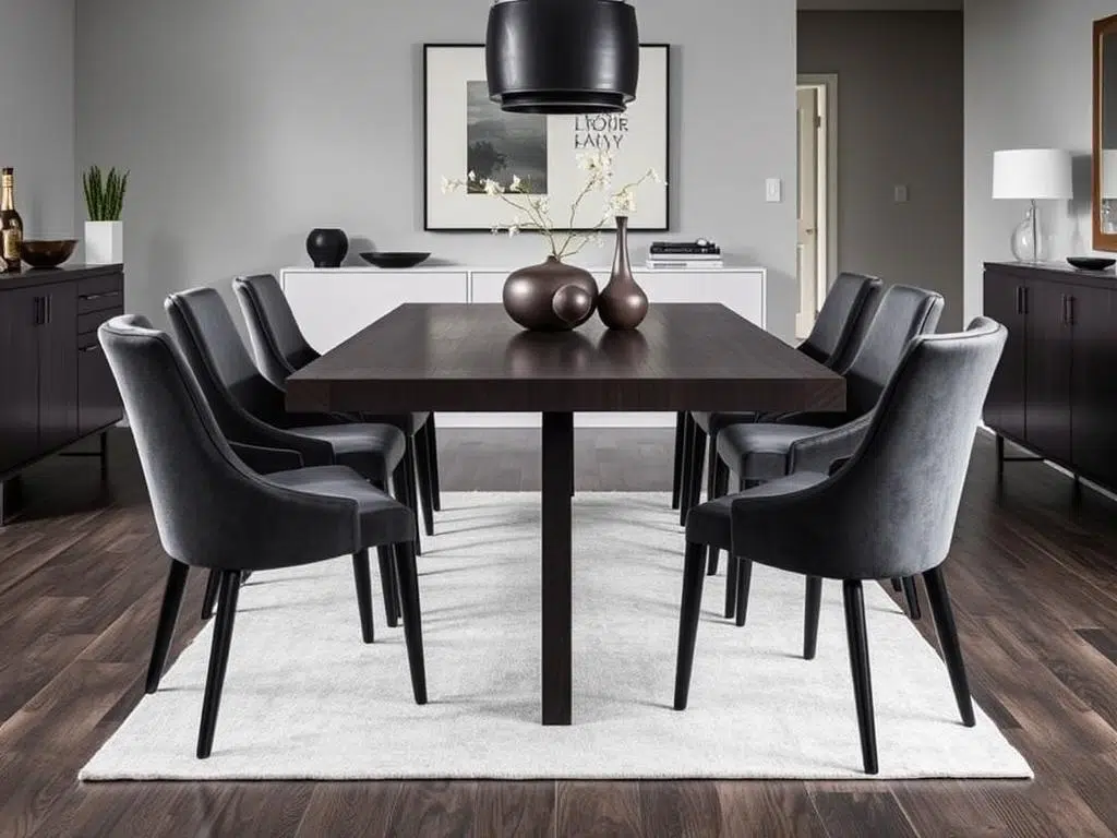 Antraciet eetkamerstoelen bij een donkerbruine tafel in een modern interieur Antraciet eetkamerstoelen bij een donkerbruine tafel in een modern interieur