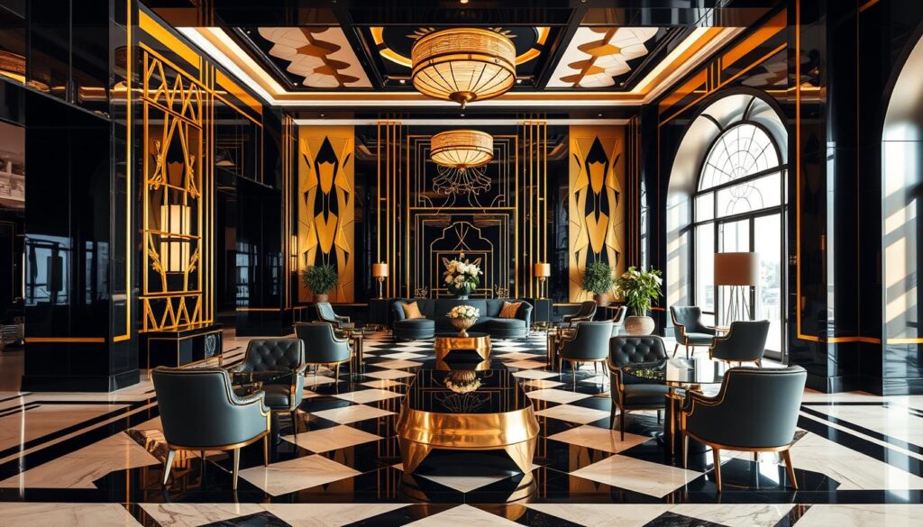 Art Deco hotellobby met geometrische patronen en messing accenten Art Deco hotellobby met geometrische patronen en messing accenten