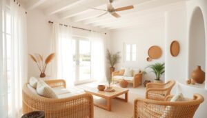 Authentiek interieur met witte muren en natuurlijke materialen