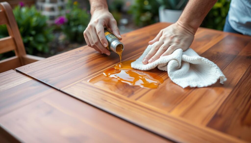 Behandeling van een houten meubel met teakolie om de natuurlijke kleur te behouden