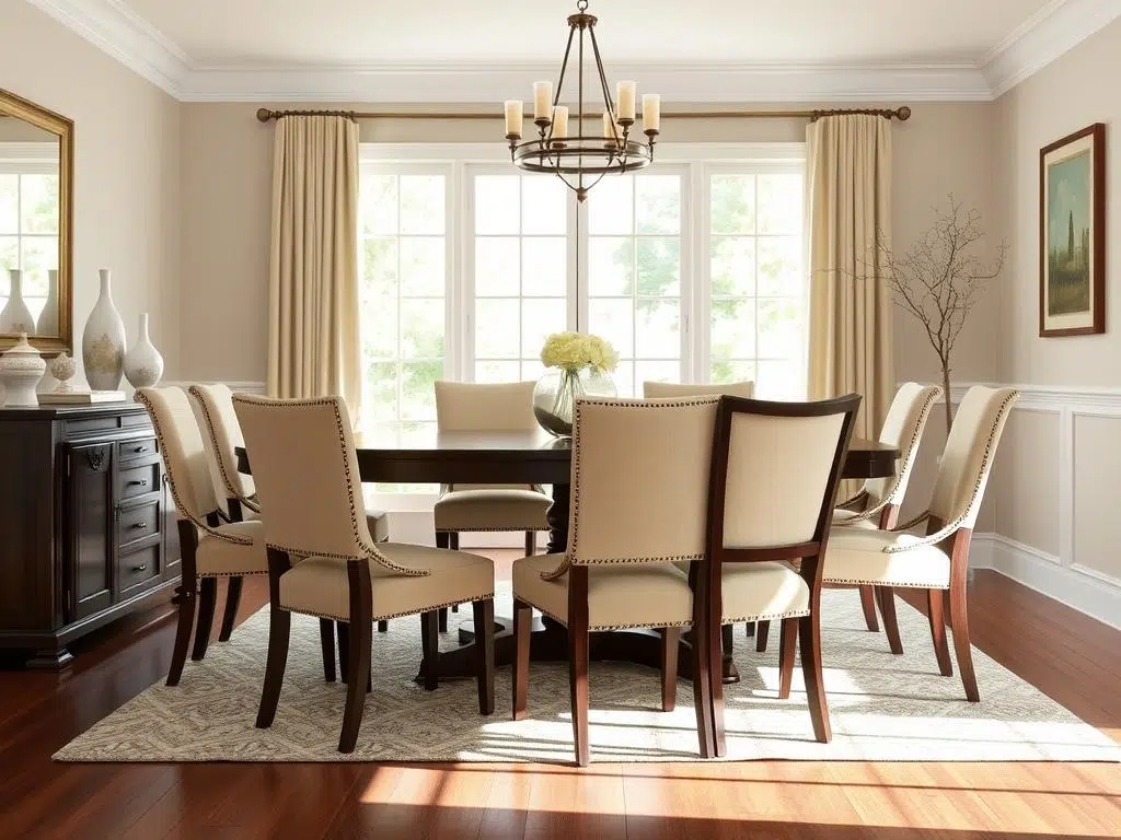 Beige eetkamerstoelen rondom een donkerbruine tafel in een lichte eetkamer Beige eetkamerstoelen rondom een donkerbruine tafel in een lichte eetkamer