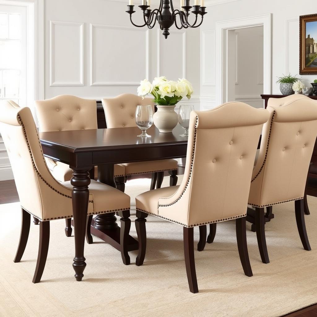 Beige gestoffeerde stoelen met capitonnage bij een donkere houten tafel Beige gestoffeerde stoelen met capitonnage bij een donkere houten tafel
