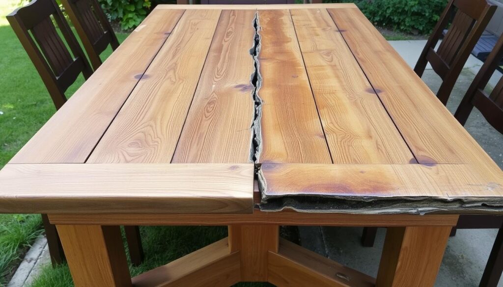 Beschadigde houten tafel door verkeerd onderhoud