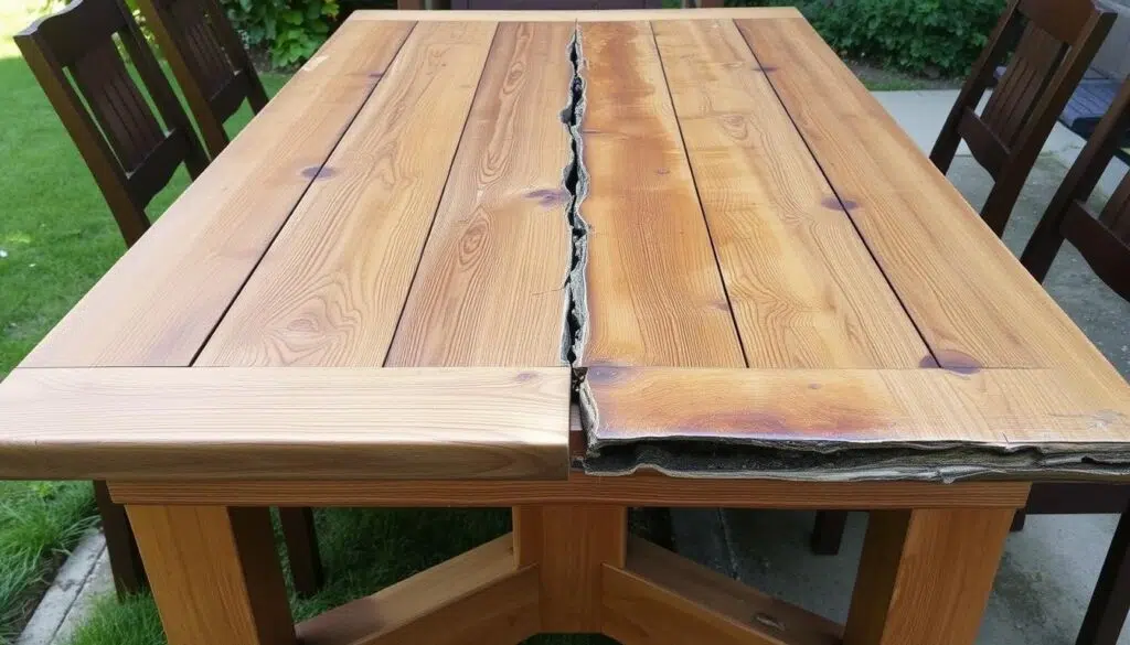 Beschadigde houten tafel door verkeerd onderhoud Beschadigde houten tafel door verkeerd onderhoud