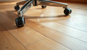 Beschadigde houten vloer door stoelwieltjes met zichtbare krassen