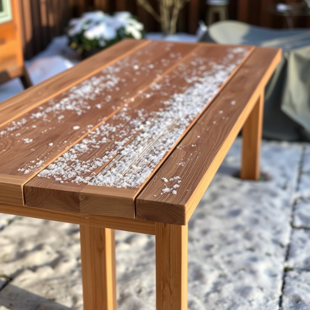 Beschermde teakhouten tafel tijdens winterseizoen