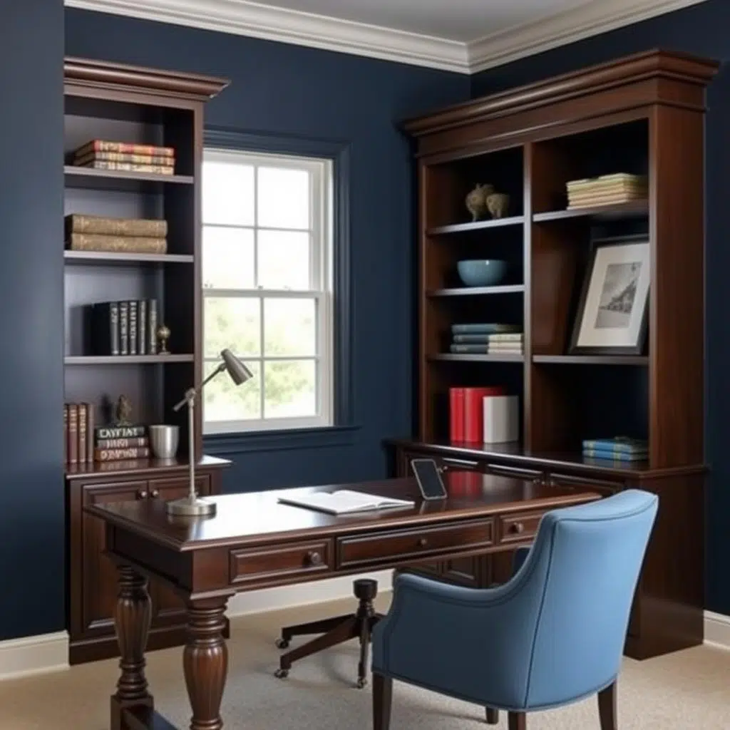 Blauw en bruin kleurencombinatie in een studeerkamer Blauw en bruin kleurencombinatie in een studeerkamer