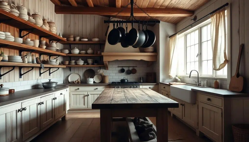Boerenkeuken met open kastjes en gietijzeren accessoires Boerenkeuken met open kastjes en gietijzeren accessoires