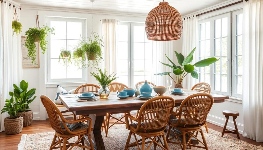 Bohemische Strandhuisstijl eetkamer met houten tafel en rotan stoelen Bohemische Strandhuisstijl eetkamer met houten tafel en rotan stoelen