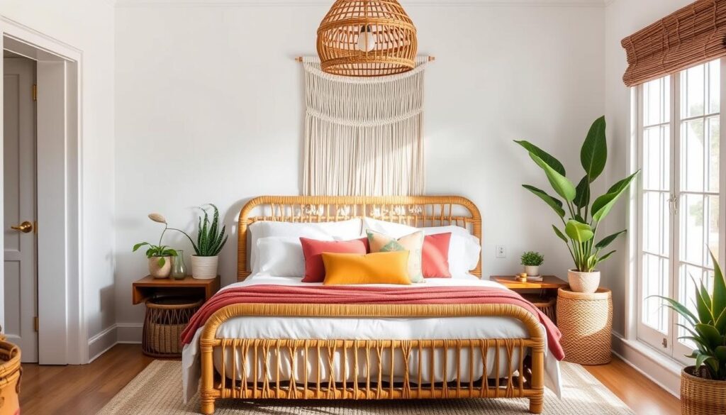 Bohemische Strandhuisstijl slaapkamer met rotan bed en natuurlijke accessoires Bohemische Strandhuisstijl slaapkamer met rotan bed en natuurlijke accessoires